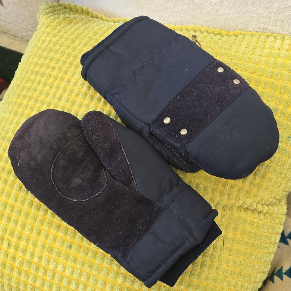 Vintage SEARS Down Feather Fill Ski Mittens Nylon And Leather Adult sz S